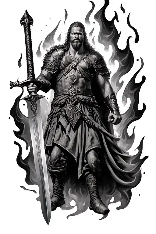 Viking Man Standing With Sword Surrounded By Flames