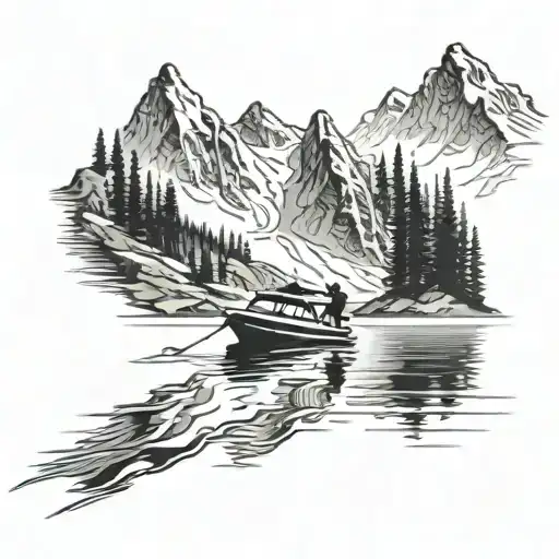 A Ski Boat Cruising Through A Mountain Lake With A Silhouette Of A Dog On Board