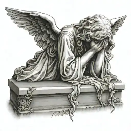 Weeping Sad Realistic Stone Angel Laying Over A Grave