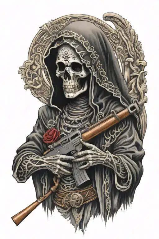 Santa Muerte Holding Ak 47 Gun