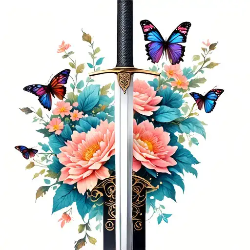 Katana Sword Tattoo Design With Butterflies And Flowers