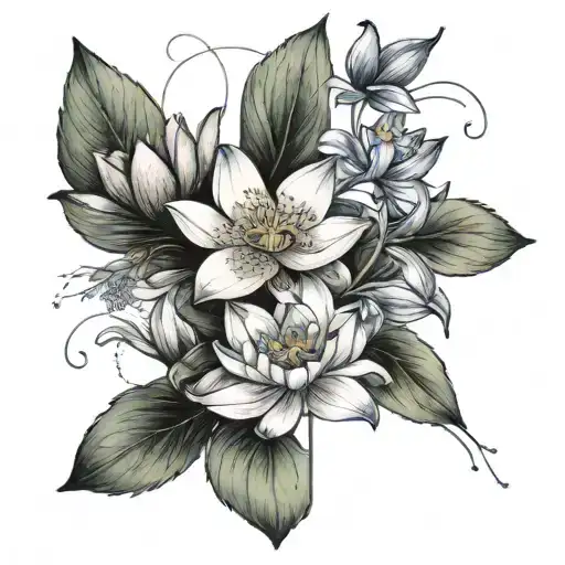 Minimal Cross With Larkspur And Water Lily Flowers