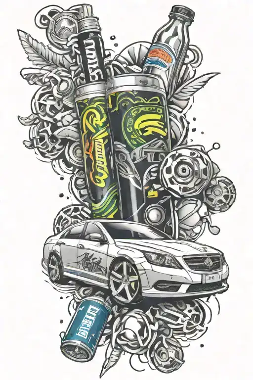 A Reggaeton-inspired Tattoo Featuring A Luxury Car And Energy Drink Elements