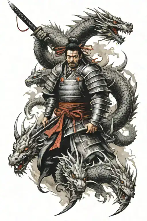 Japanese Samurai Surrounded By Dragons