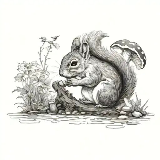 A Squirrel Navigating Through A Dense Forest Filled With Mushrooms And Rivers