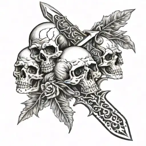 A Dagger With 3 Skulls Stuck On It