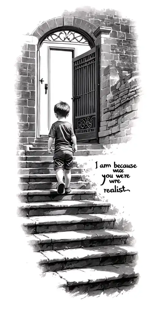 Little Boy Walking Up A Staircase To Open Gate And Saying I Am Because You Were