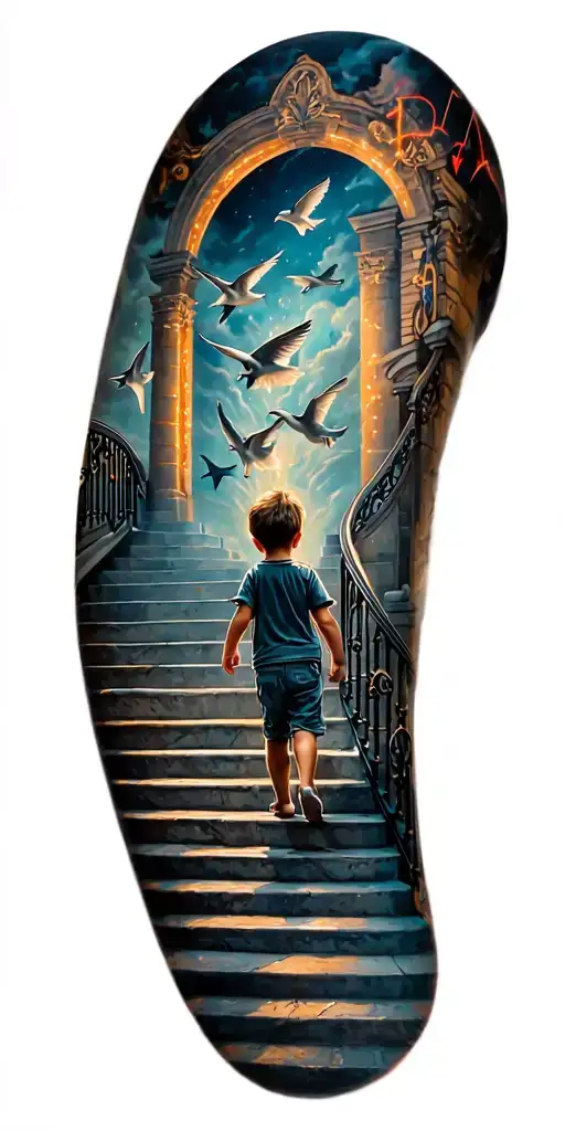Little Boy Walking Up A Staircase To Heaven Gates Doves Flying And Lights And Sharks And A Heartbeat