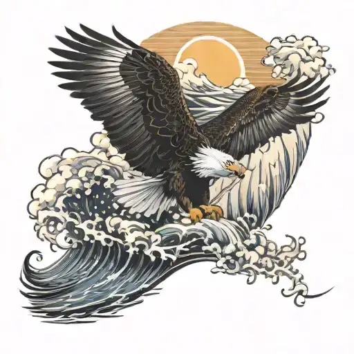 Aggressive Waves And Eagle With Sun In Backgroud