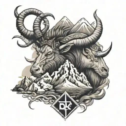 Capricorn With Mountains Panorama And Viking Runes