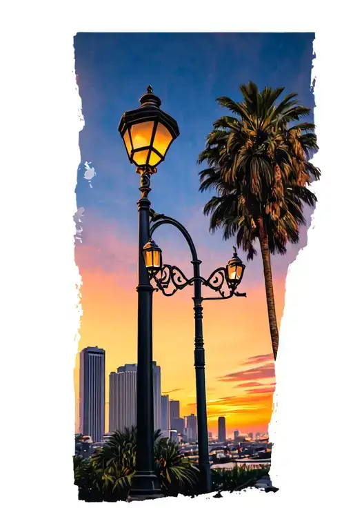 Los Angeles City Street Lamp Next To Palm Trees Looking Over The City At Sunset