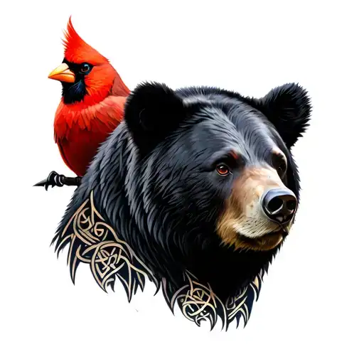 A Realistic Portrait Of A Louisiana Black Bear And A Red Cardinal In A Celtic Tribal Style