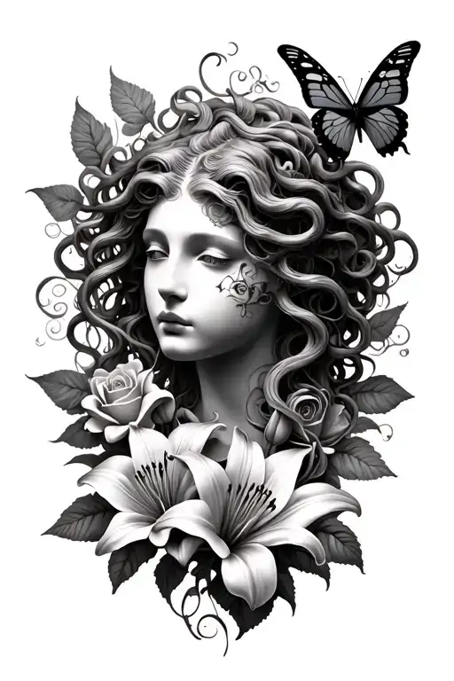 Blank Medusa Face And Rose Lilies And Butterfly Surrounded