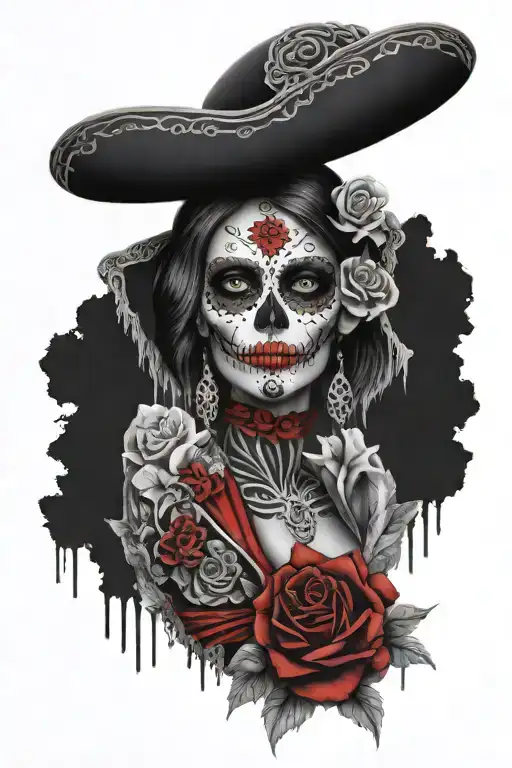 Mexican Catrina With Robe Tattoo With Sculls Black And Red