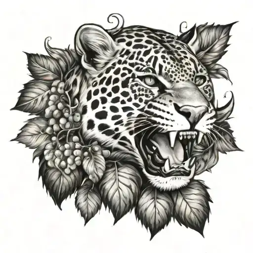 Jaguar In A Wreath Of Grapes Black And White With Teeth