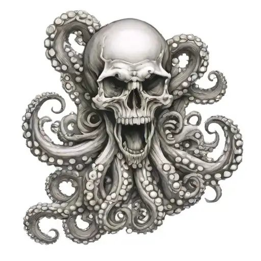 Skull And Octopus Hugging And Tentacles Coming Out Of The Cavities