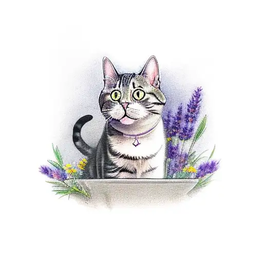 A Cat With The Word Karma And Lavender Flowers