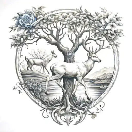 Tree Of Life With White Deer Standing