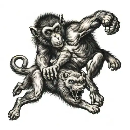 Monkey Fighting A Wolf