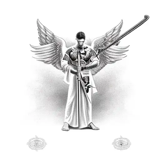 Male Angel With Sword Sorrounded By Crosses