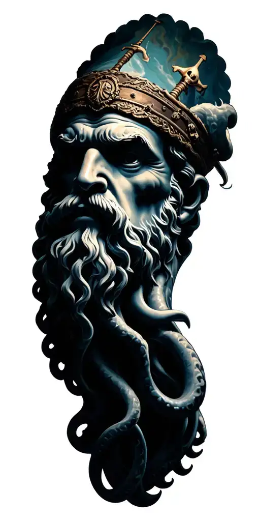 Fotorealistic Head Of Poseidon Combined With Pirateship And Kraken