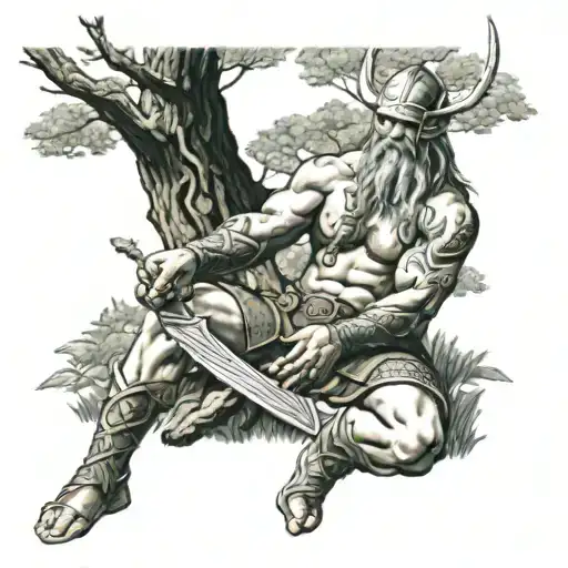 Vikings Warrior Meditating Under A Tree With A Sword