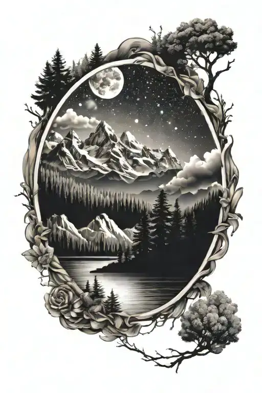 Mountains Trees And Lake Fading Into Space