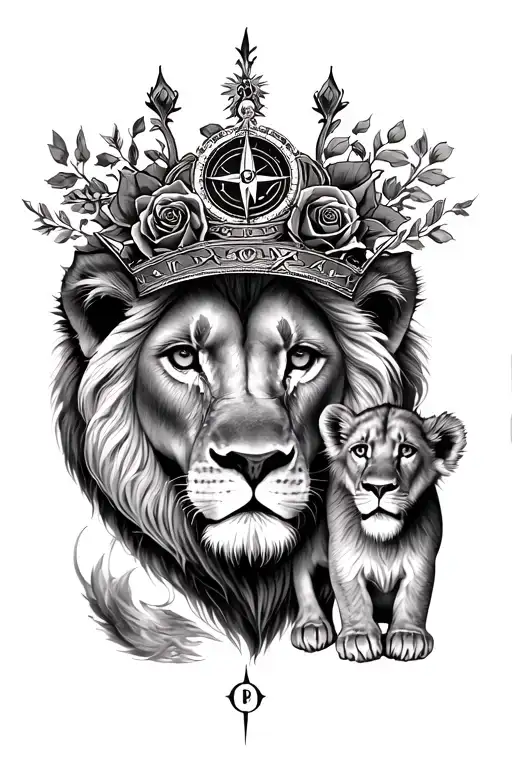 Lion With A Lioness And 1 Lion Cub Crown On The Lion Rose A Compass