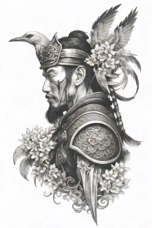Side Profile Of A Samurai Warrior Wearing A Mask Surrounded By Crane Birds And Oriental Flowers