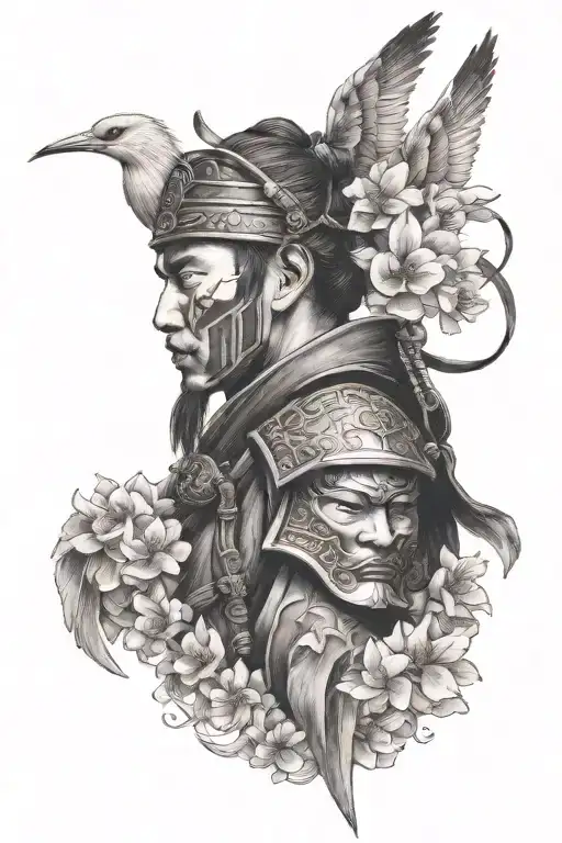 Side Profile Of A Samurai Warrior Wearing A Face Mask Surrounded By Cranes And Oriental Flowers