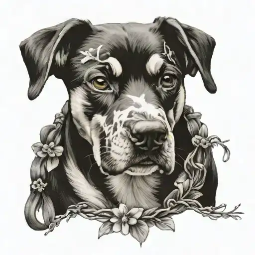 Dog Portrait Tattoo With Flower Vine Wrapping