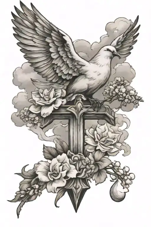 Cross With Dove And Clouds Surrounding