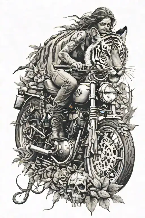 Skull Motorcycle Girl Tiger Forest
