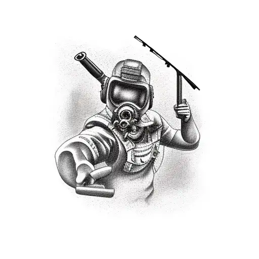A Construction-themed Tattoo With A Hunting Rifle And Fishing Rod Crossed Over A Hammer And Wrench
