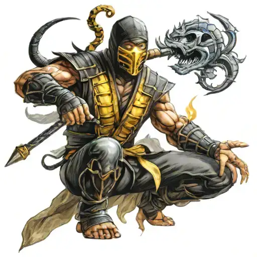 Mortal Kombat Scorpion In Fighting Stance With His Spear Out And Burning In Very High Quality