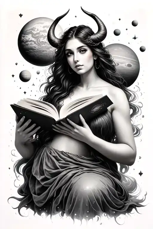 Black And Grey Taurus Woman Holding Open Book With Planets Coming Out Of The Book