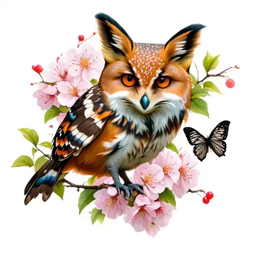 Fox Owl Butterfly With Cherry Blossoms