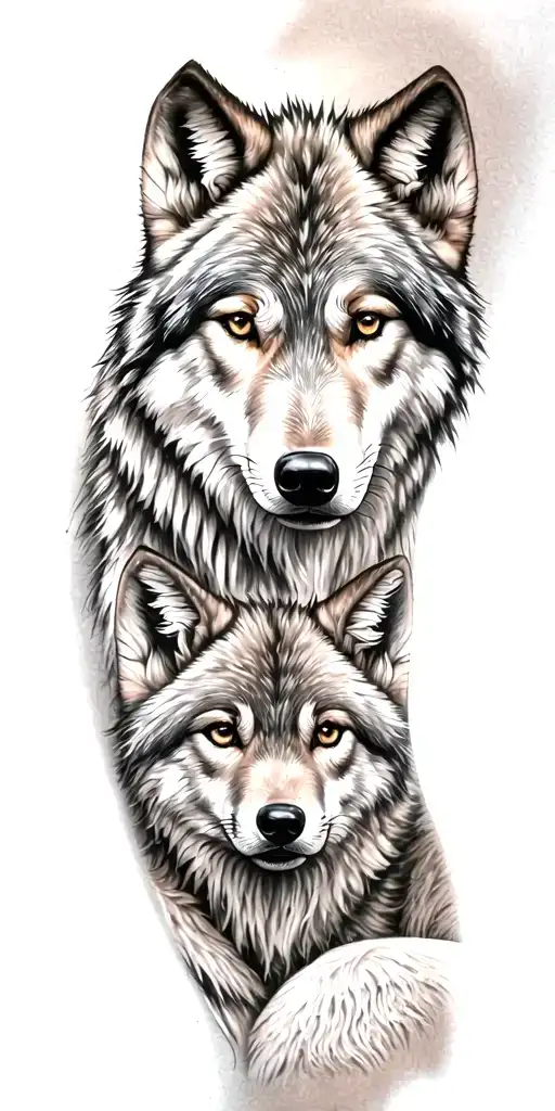 Wolf And Mountain Range And Cub Wolf