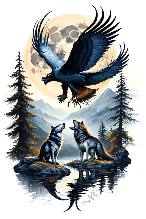 Fenix Bird And Wolf Howling At The Moon Surrounded By A Beautifull Scenery