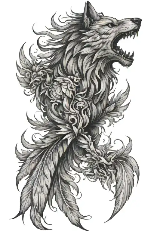 Phoenix Feathers Transforming And Angry Wolf