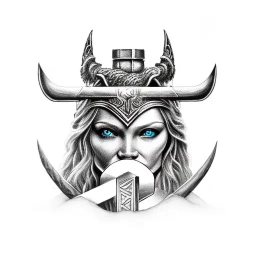 Black And Grey Freya With Mjolnir Symbol