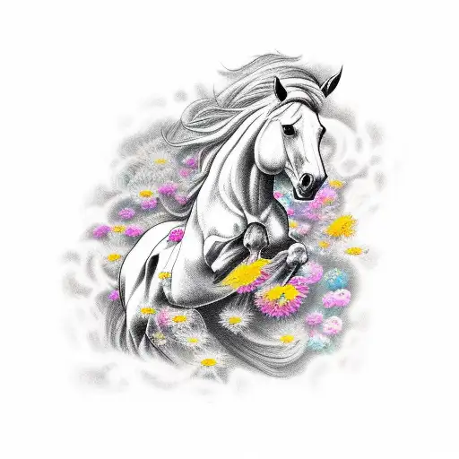 Tattoo Of A Mustang Horse Galloping Through A Field Of Flowers With Hair Spread On Wind