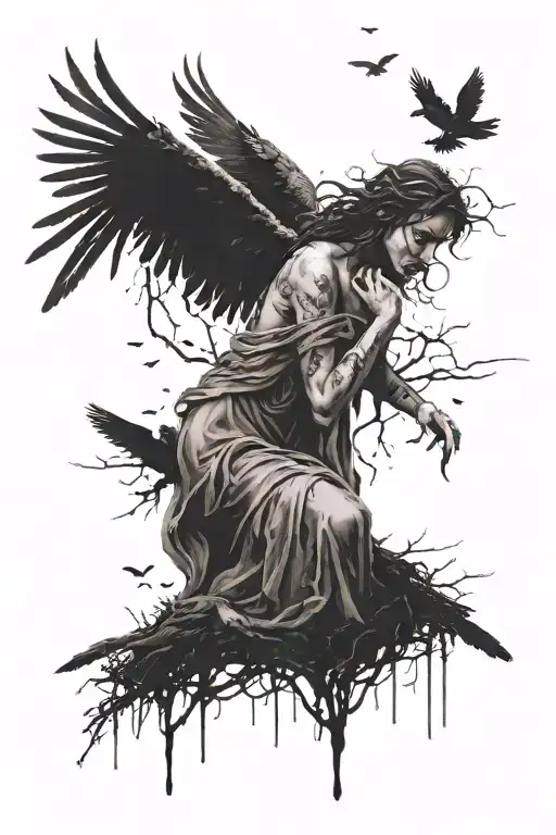 Angel Crying With Crows Flying Around In A Dark Forest Sadness And Death