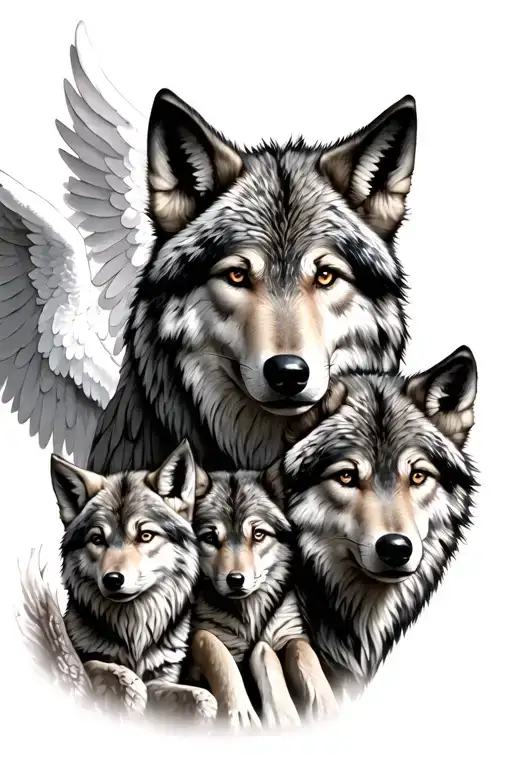 Mother Wolf With Her Two Little Wolves And Her Little Wolf With Angel Wings