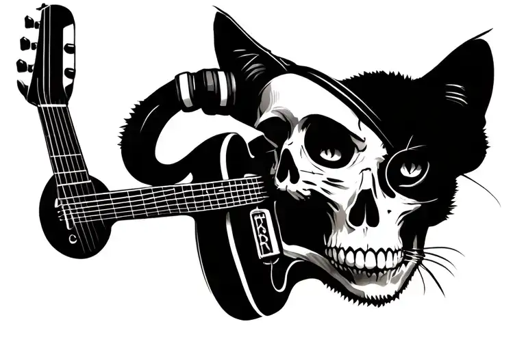 Skull Wearing Headphones And Cat Playing A Guitar