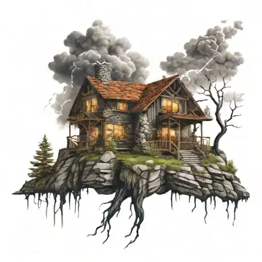 Mansion Built On A Mountain Surrounded By A Lightning Storm