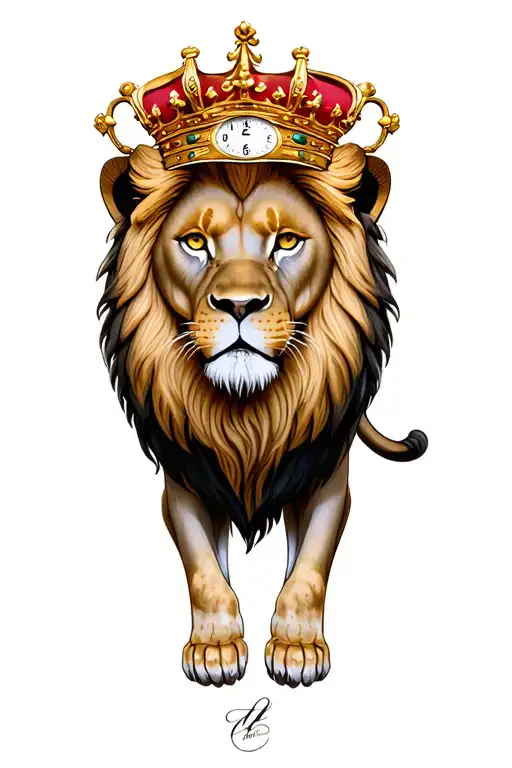 Realistic Lion With Crown And Clock