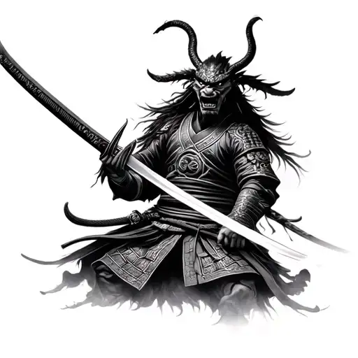 Samurai With A Katana Cutting Demon In Black And White Style And In The Style Of The Seventies