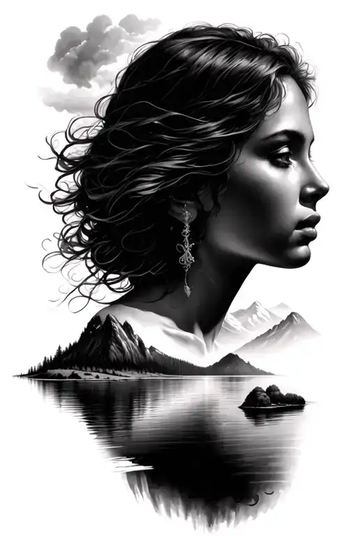 Beautiful Woman Face With Background Of A Lake Surrounded By Mountains