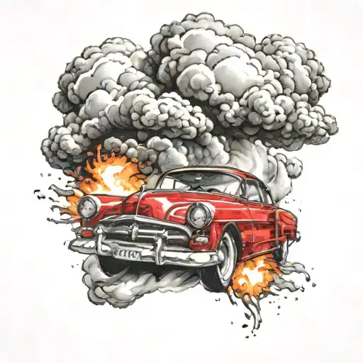 Car In A Explosion Cloud With Red